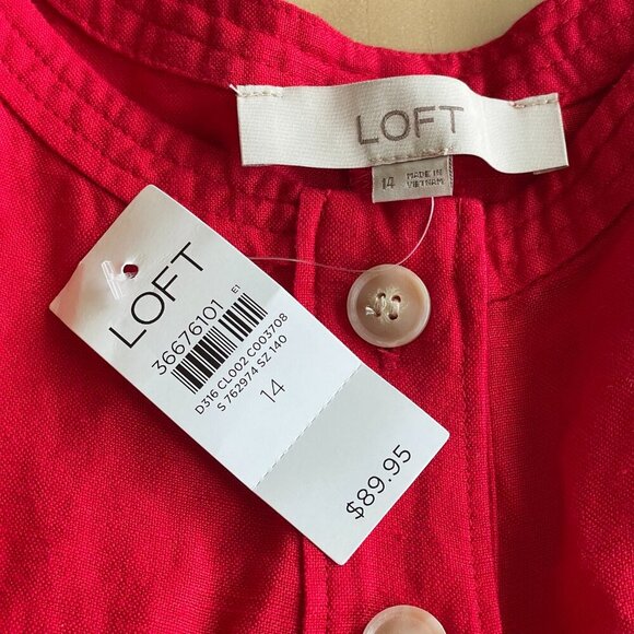 NEW Loft Linen-Blend Red Button Front Dress - Size 14 - Picture 5 of 9